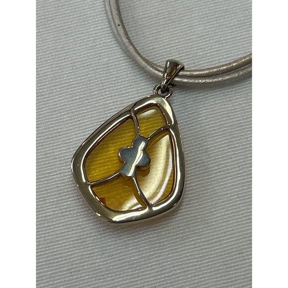 Yellow Glass Pendant Necklace With Silver Tone Trim Adjustable Cord - Picture 6 of 8